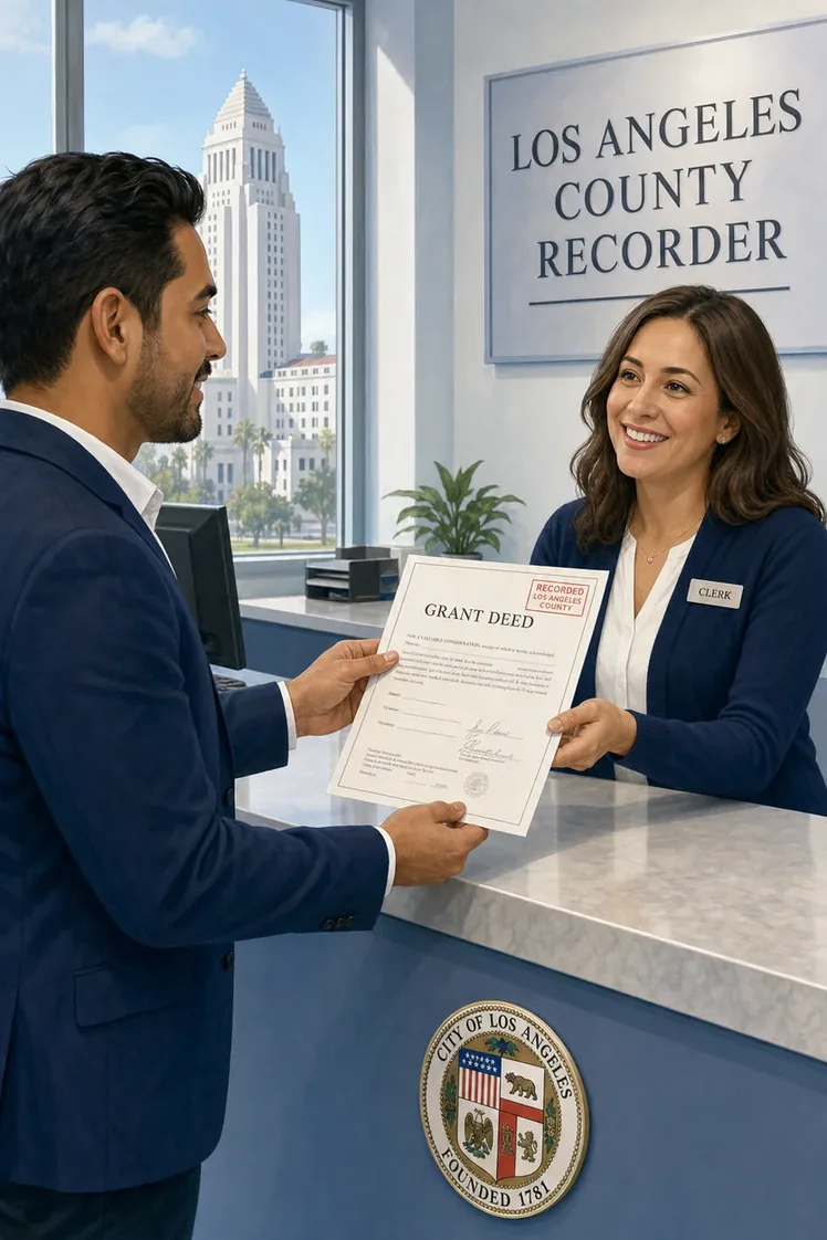 Recorded property deeds with certified-recording stamps and a county seal embosser